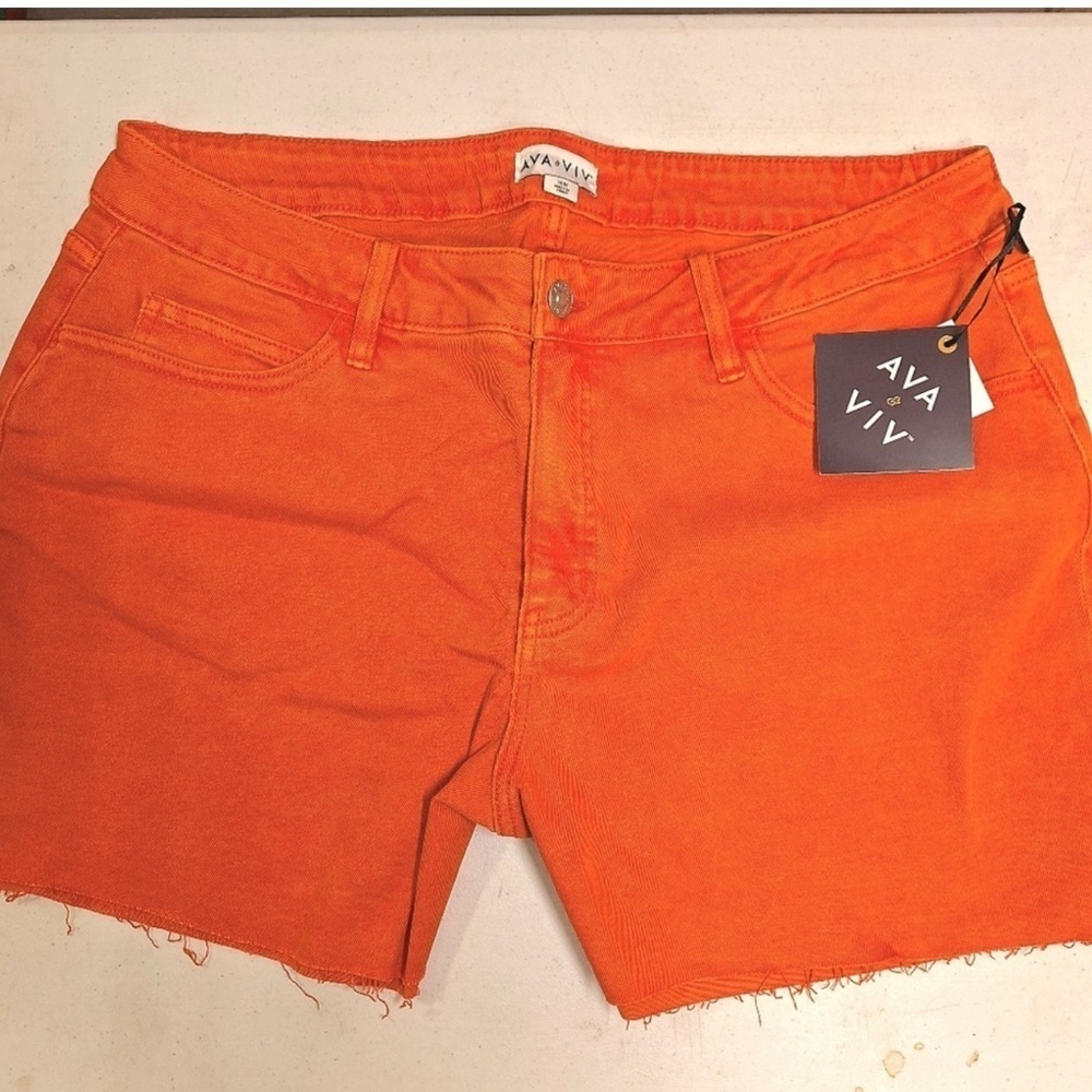 🇺🇸$5🇺🇸 Ava & Viv Plus Size High-Rise Stretch Denim Jean Shorts, Orange/Coral - Picture 2 of 4